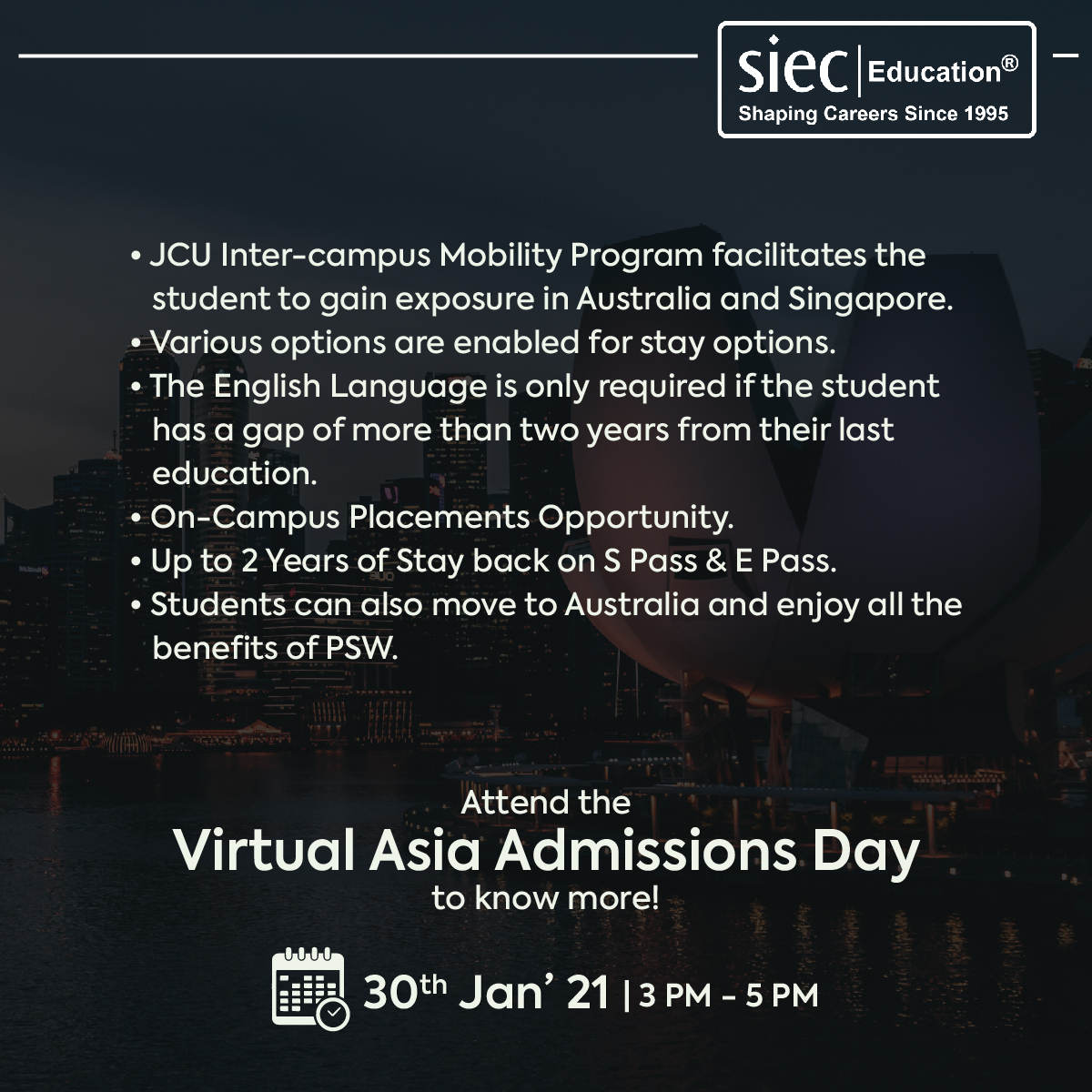 Top reasons to choose James Cook University, Singapore!

Attend SIEC's Virtual Asia Admissions Day to know more.

Register now: bit.ly/39ywhrL
Call/WhatsApp: 9779046382

#studyinsingapore #jamescookuniversity #jamescookuniversitysingapore #singapore