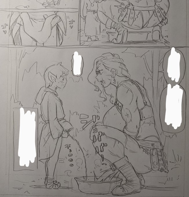 秘伝の虫よけ薬を作る歴戦の女戦士と相棒。 