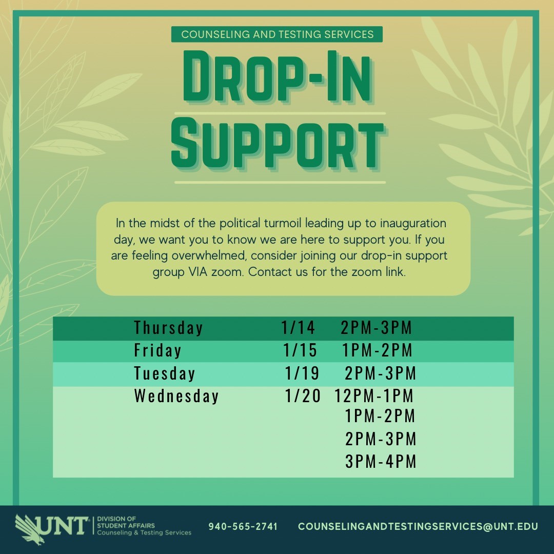 UNTDOS's tweet image. Check out Counseling &amp;amp; Testing's drop-in hours this week and next week! #UNTCares #UNTDOS