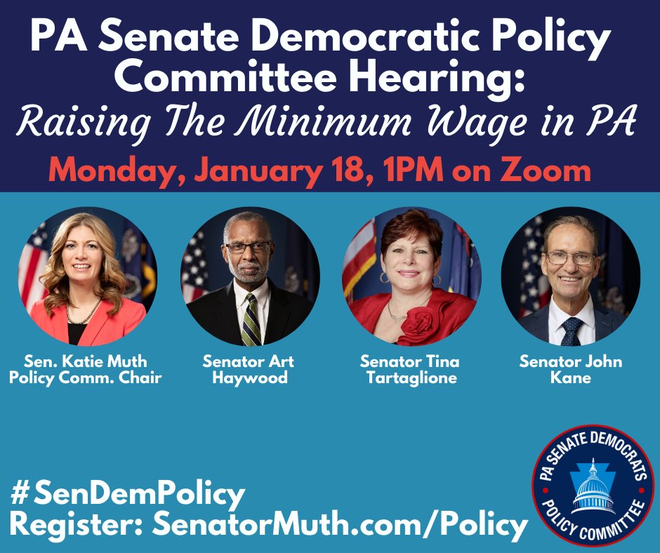 PaSenateDems's tweet photo. 📋 REGISTER RIGHT NOW 📋

Join the #SenDemPolicy Committee on Monday to discuss the #MinimumWage.

The virtual hearing is being hosted by @SenatorHaywood, @SenTartaglione, @SenatorJohnKane &amp; @SenatorMuth.

Register for the hearing ⬇️ https://t.co/mUNPUapzWt https://t.co/mVDWakfYTW