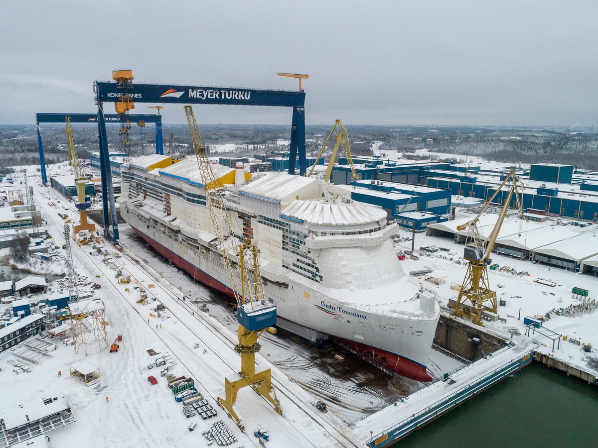 Crocieristi's tweet photo. Costa Toscana float out. The new @costacrociere LNG ship
today in #meyerturkushipyard it touched the water for the first time.
#costatoscanaiscoming @Crocieristi #floatout #cruisingagain #cruiseisafety https://t.co/x6Cc9bwsgS
