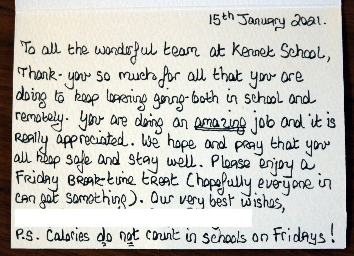 KennetSchool's tweet photo. This delivery has certainly put a smile on our staff's faces this morning! Thank you so much to the family for their generosity and appreciation. In the words of our highly intelligent pupil - calories do not count in schools on Fridays - yum! #KennetCommunity #StrongerTogether https://t.co/uQdkEKPieV