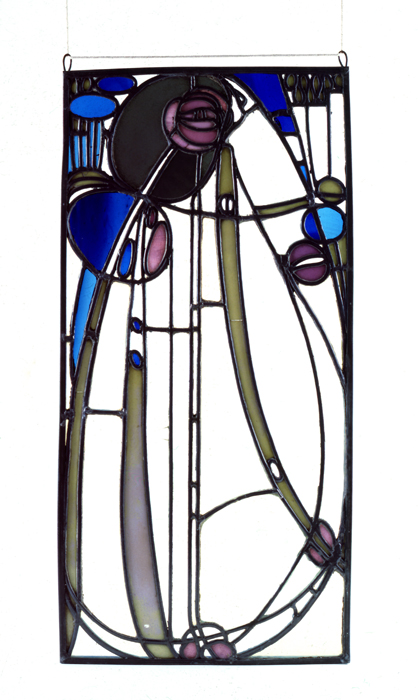 Stained glass panel by Charles Rennie Mackintosh featuring a rose.