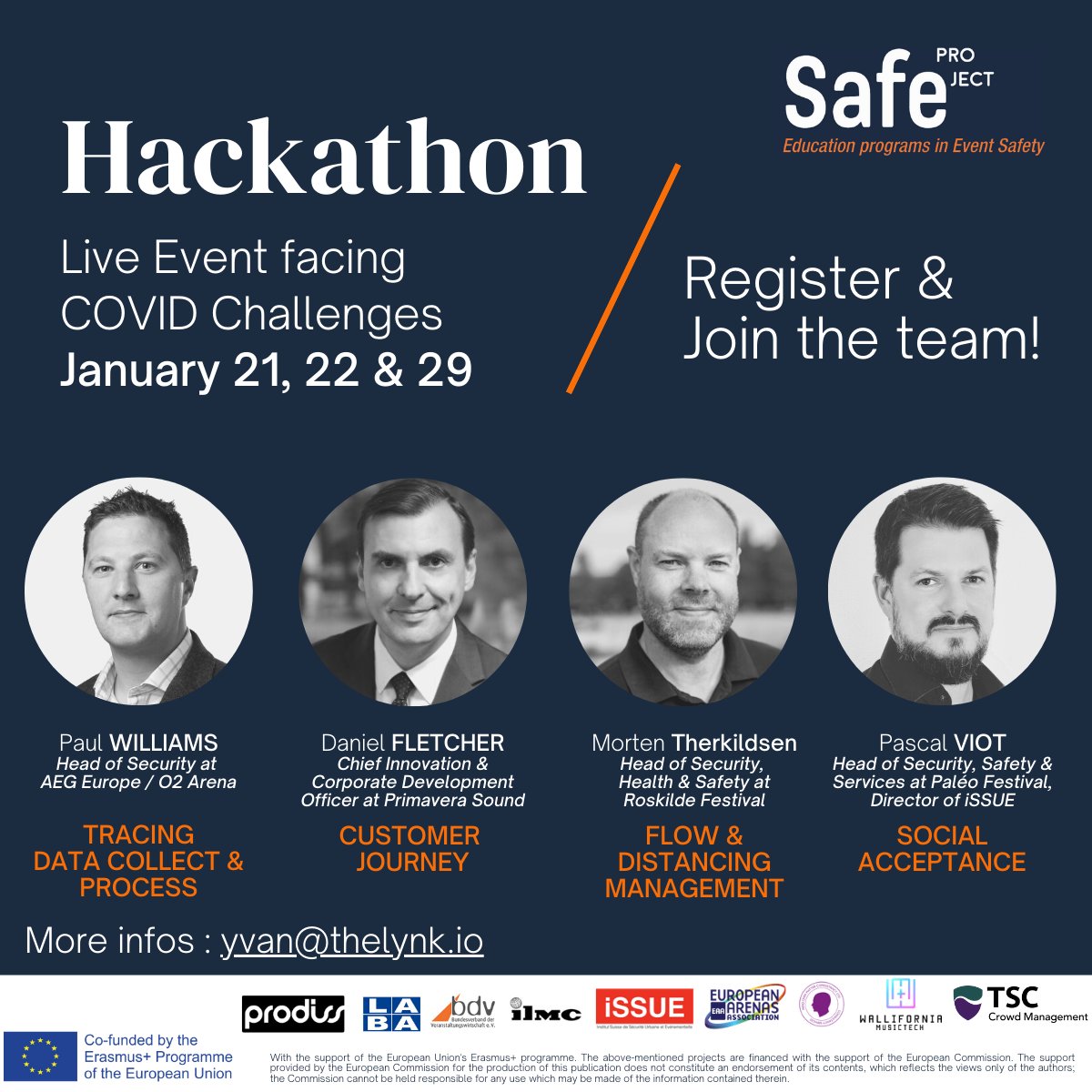 Register to our online #hackaton tackling COVID19 issues and live event management in the context of the #SAFE project ! in collaboration with <a href="/navY/">Yvan Boudillet</a> <a href="/theLynk_/">TheLynk</a> <a href="/prodiss/">Prodiss</a> <a href="/ILMC/">ILMC</a> @MusicTechBE <a href="/MOMConsultancy/">MOM Consultancy</a> EAA <a href="/iSSUE_ch/">iSSUE</a> BDKV <a href="/TheSecurityComp/">TSC Crowd Management</a> <a href="/ErasmusplusFR/">Agence Erasmus+ France / Education Formation</a> 👉tinyurl.com/y5fp9cw2