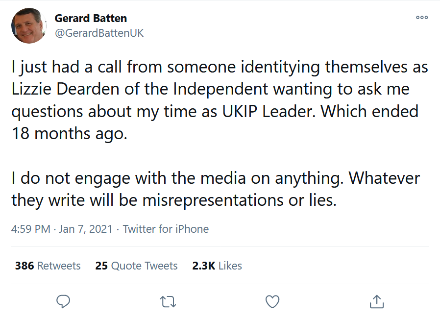 I phoned Batten to put the allegations to him but he refused to speak to me or share an email address, then sent out a series of tweets and Parler posts accusing me of lying (he had no idea what I would write) and calling me a 'sewer rat' and other insults