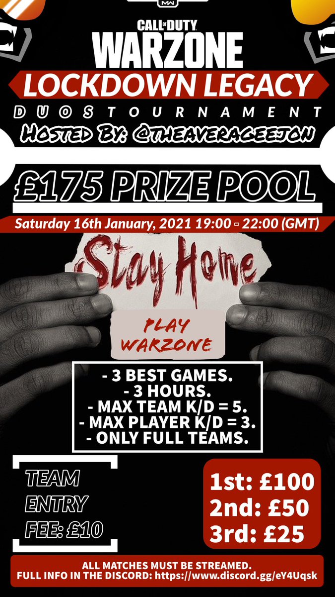 AverageeJon's tweet photo. TOURNAMENT TOMORROW.... Duos tournament in Verdansk... under 5 teams entered so far! Last 2 tournaments were amazing 🙌🏼🔥Details on the poster, full details in Discord (Link in Bio)! 👀🍾

#warzone #warzonetournament #warzonecommunity #twitch #twitchtournament #cod #tournament https://t.co/8OE6sZ7jU2