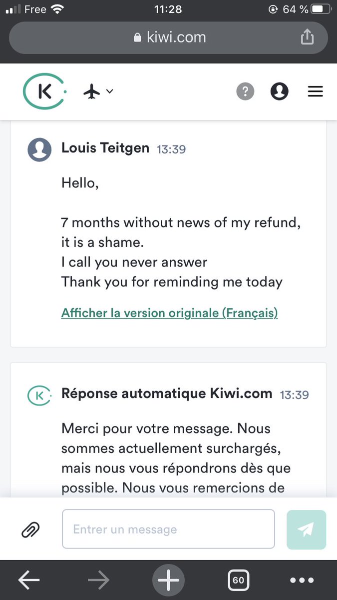 LTeitgen's tweet photo. Pire que Jacques Mesrine j’ai trouvé les bandits @kiwicom247 ! 7 mois que mon vol est annulé et aucune nouvelle de mon remboursement. Impossibilité de les avoir au téléphone tout se passe en ligne. Vous avez perdu votre clavier ?? https://t.co/osyEy7YHfr