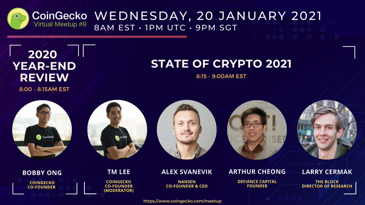 coingecko's tweet photo. Hey everyone!
Are you excited for our 9th #CoinGeckoVirtualMeetup?
It's not too late to claim a spot: https://t.co/cStPuvaLTD https://t.co/mtKPOd6uZO