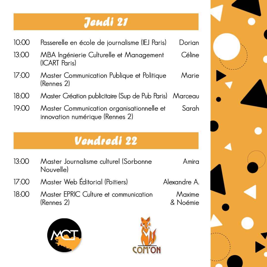 Le temps de l’#orientation approche et vous vous sentez perdu? 🤯

<a href="/choopsrennes2/">BDE COM'ON</a> et <a href="/MasterComTerrR2/">Master Com’Terr</a> organisent un #Forum #virtuel du 18-22 janvier! 😀

Retrouvez des #etudiants en #ecoles ou #Master en visioconférence qui répondront à vos questions!🤩

👉fb.me/e/3pL9QTbGP