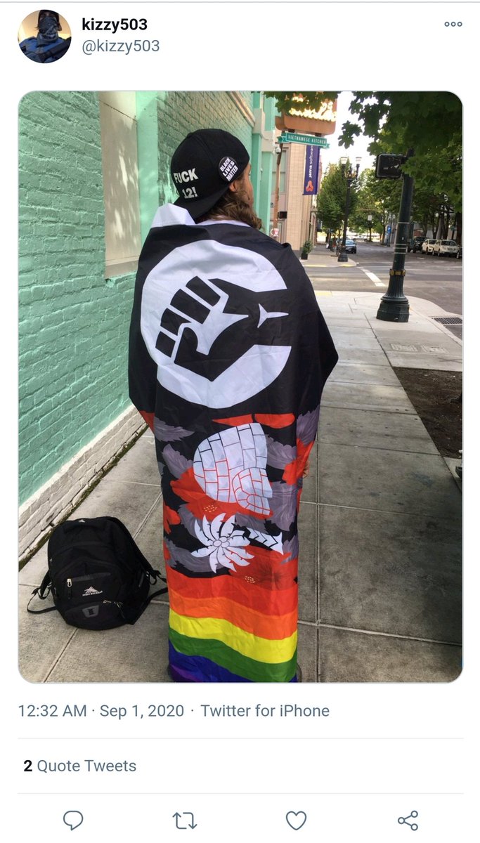 And for the new people here, boogaloo is not "white supremacists" or not even right wing. They're anarchists. Recently they've been allied with blm and antifa for protests. Here is an image captured from a Portland protest. A "boogboi" arrested had a boogaloo, blm and pride flag