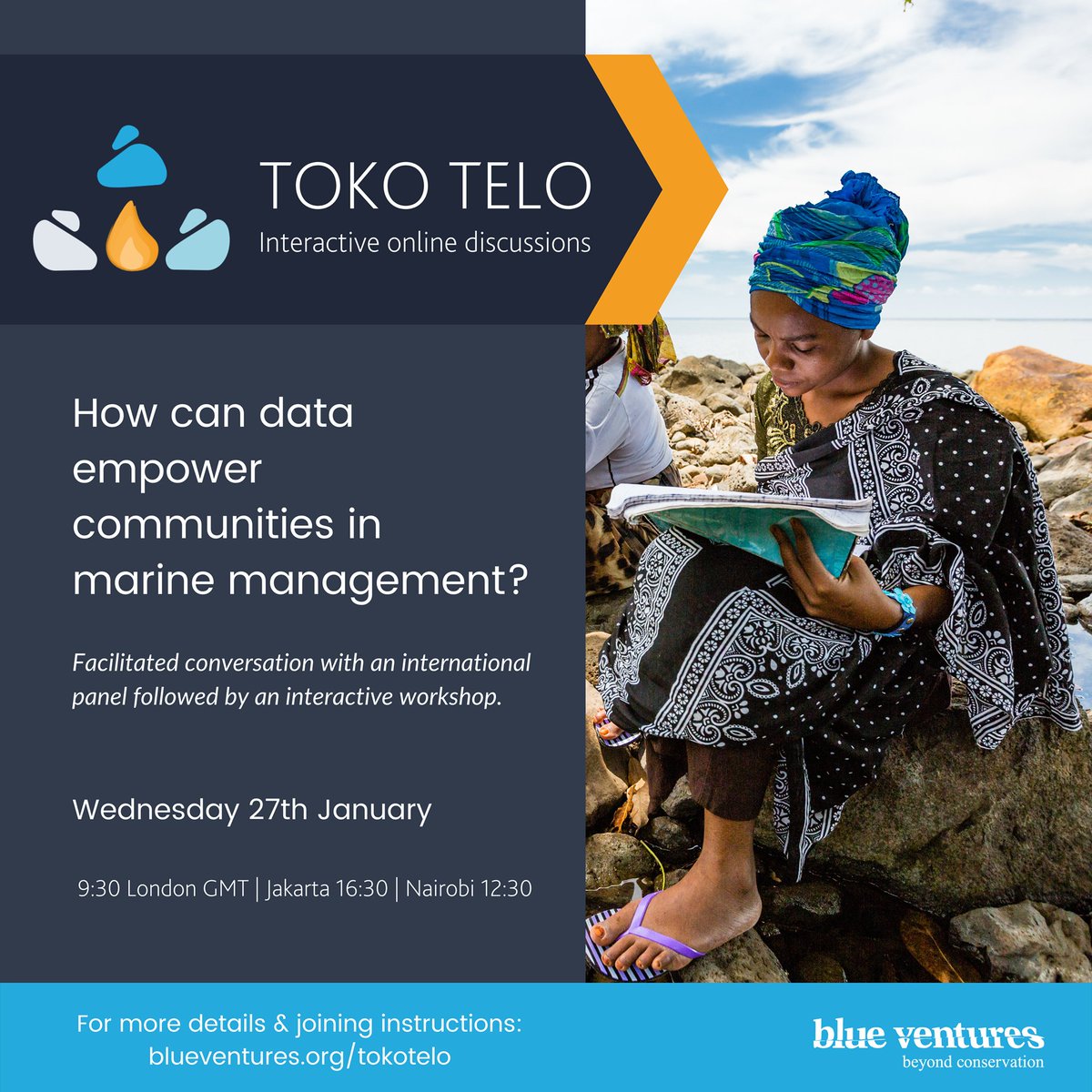 BlueVentures's tweet photo. Join us on 27th January for our next #TokoTelo event 📣
We'll be exploring how #data can empower communities in marine management, learning from an expert panel featuring #Forkani, @FaunaFloraInt & @ArranCoast 🌊📊
Register for your free space here 👉 https://t.co/ZbEOSB06SW https://t.co/zi6spUOvhb