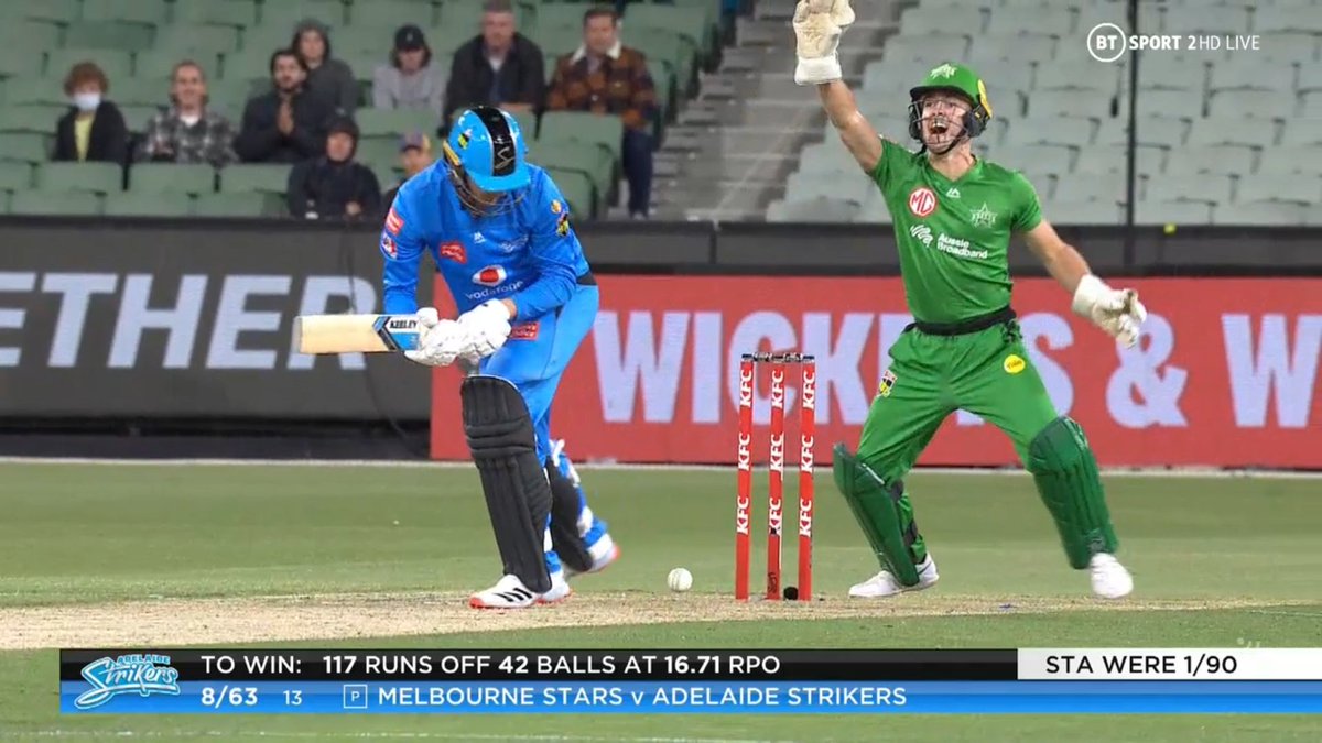 BIG BASH LEAGUE
Melbourne Stars vs Adelaide Strikers
WICKET
Danny Briggs (4 runs scored)
lbw b Zampa
FALL OF WICKET
ADE 63 - 8
13.0 overs
Image Credits: BT Sport https://t.co/XwlEvAjRr8
