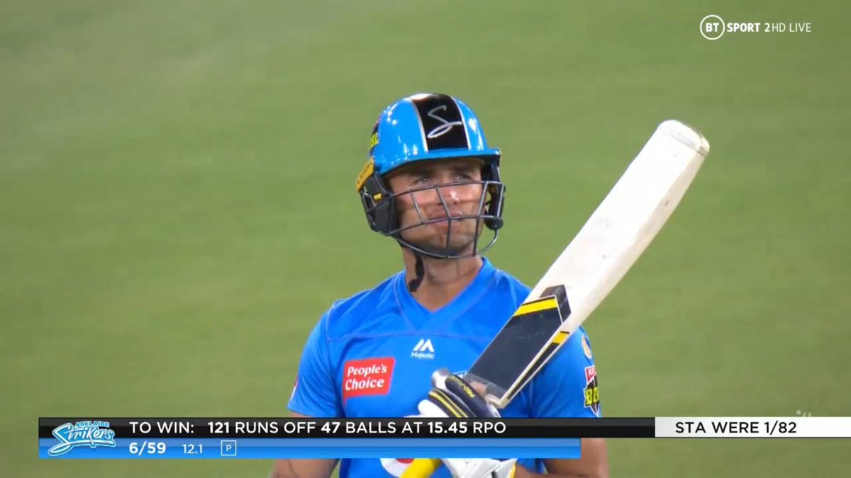 BIG BASH LEAGUE
Melbourne Stars vs Adelaide Strikers
WICKET
Jake Weatherald (10 runs scored)
lbw b Zampa
FALL OF WICKET
ADE 59 - 6
12.1 overs
Image Credits: BT Sport https://t.co/0OD8OvtZ3y