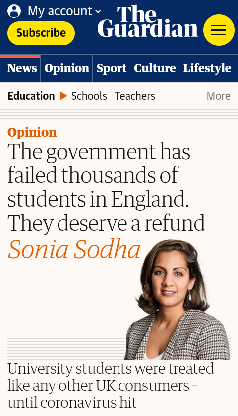 Disappointed that <a href="/soniasodha/">Sonia Sodha</a> can write 800 words on university student #rentstrikes &amp; frame #COVID19 &amp; marketised education as purely a British student issue and NOT ONCE mention the dire treatment of international students. FYI Sonia: redpepper.org.uk/locked-out-dur…
#ShortSighted