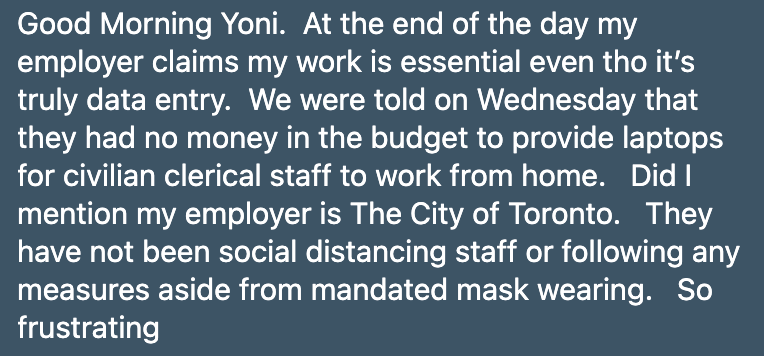 Person who reports they're doing data entry for The City of Toronto says they can't work from home because laptops are too expensive