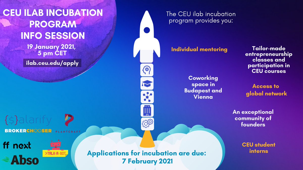ceuilab's tweet photo. Apply for the one-year CEU iLab startup incubation program now! Startups receive mentoring, access to coworking space, they participate in tailor-made entrepreneurship courses and gain access to an exceptional community of founders and a global network. https://t.co/Wz0FrhRs8A https://t.co/EKq6e4A3t6