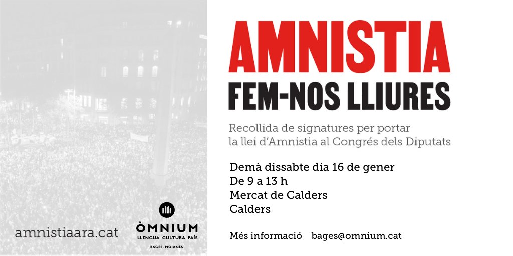 OmniumBages's tweet photo. Demà serem, de 9 a 13 h., al Mercat de #Calders perquè pugueu signar per a la campanya de l'Amnistia. També hi podeu portar els vostres fulls signats descarregats de la web https://t.co/XVSc8czwcl. Moltes gràcies! #Moianès #Amnistia #femnoslliures https://t.co/w5TAp9wZAB