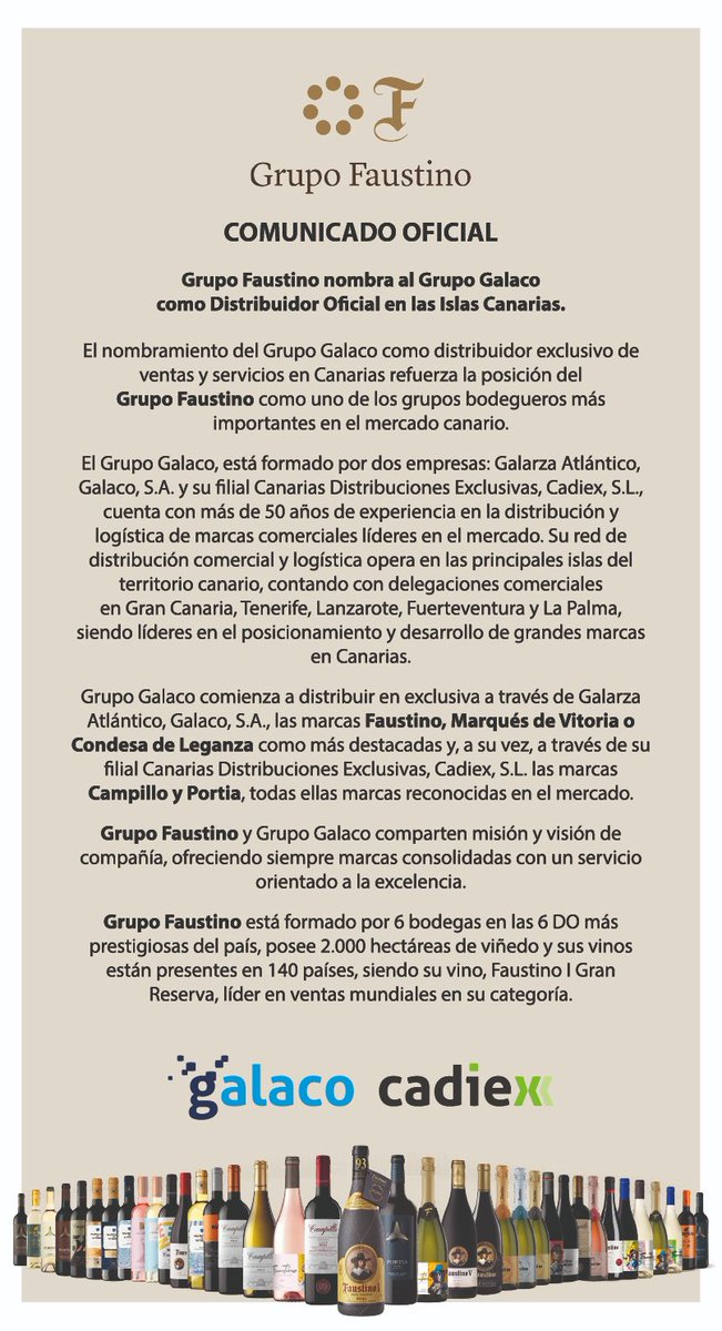 Seguimos creciendo con nuevos retos.  
Gracias a <a href="/faustinowines/">Faustino Wines</a>  por confiar en nuestro proyecto. 

Con estas últimas incorporaciones, nos consolidamos como un referente en la #distribución de vinos en #Canarias, tanto en el canal de #Alimentación como en el de #Hostelería.