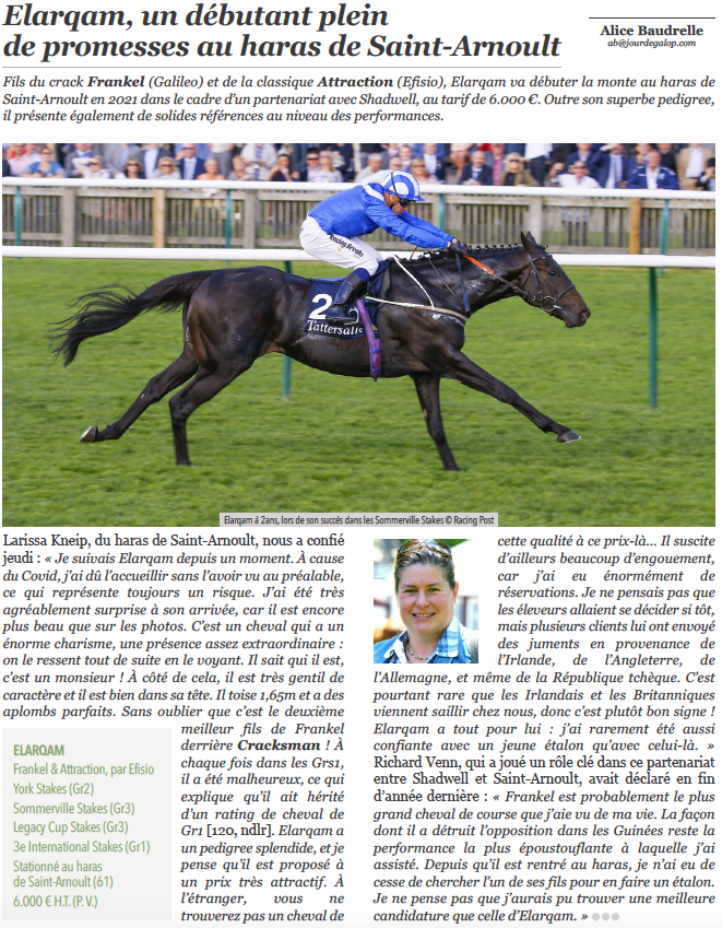 Fedeeleveurs's tweet photo. 🧐 [NOUVEAUX ETALONS 2021] 🧐
Depuis quelques jours, @Jour_de_Galop vous présente les nouveaux étalons de 2021 dans ses éditions.
Voici donc la présentation du bel #ELARQAM, fils du crack #Frankel (#Galileo) et de la classique #Attraction (#Efisio), du Haras de Saint Arnoult.🙌 https://t.co/nFHOuCkYf5
