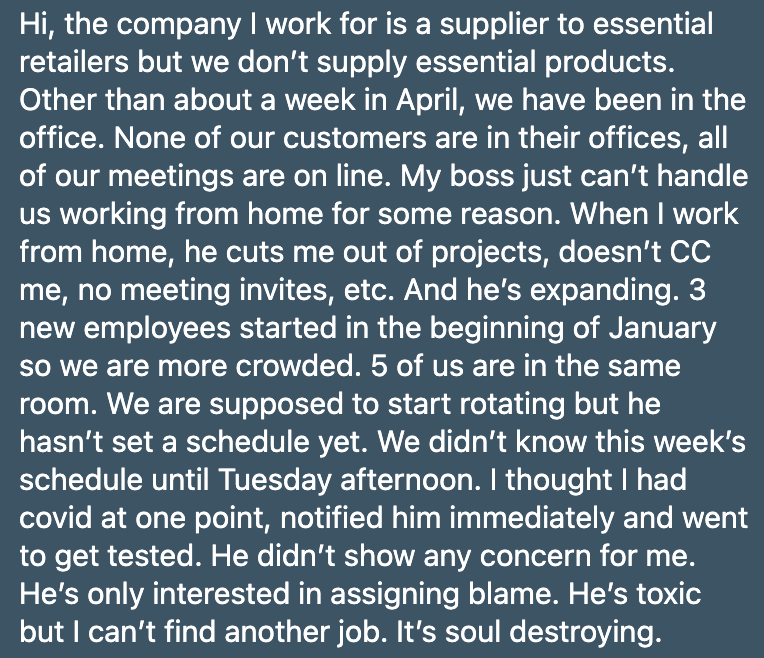 Person who could do their job from home is for some reason discouraged that instead their boss has them conducting online meetings with people who are working from home at work along with 5 other people in the same room