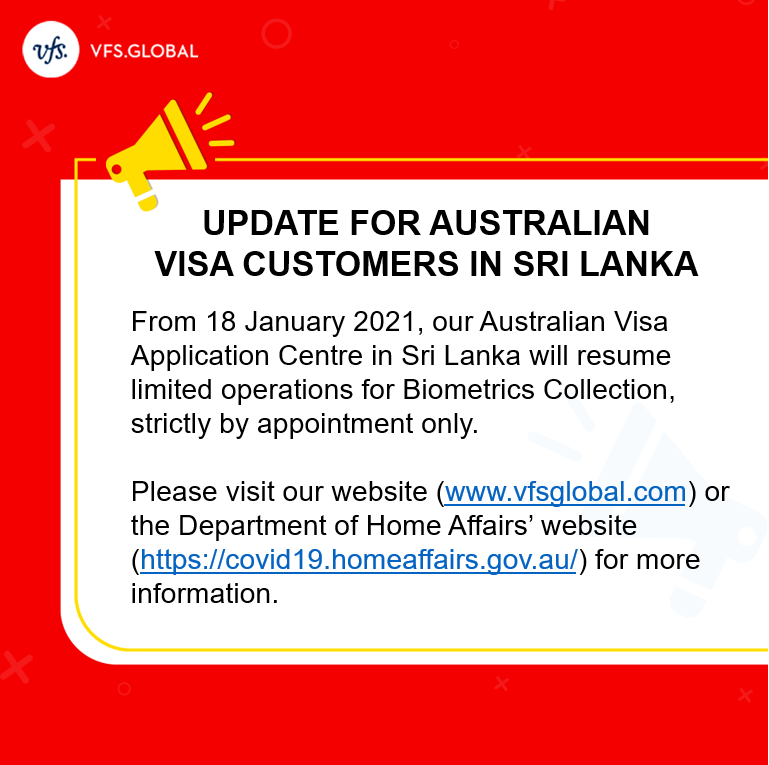 VFS Global Twitter: "We have an important update for our Australian visa customers in Sri Lanka regarding biometrics collection at our Visa Application Centre. For more information, please visit https://t.co/H7SMtTN3y2 or