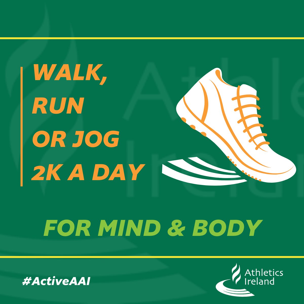 👋 To our Members &amp; Community don't let the Lockdown get you down, steal time to exercise and get fresh air...
❤️ WALK, RUN OR JOG 2K A DAY FOR MIND &amp; BODY
💚 Click into AAI link below for Useful Links to tips and advice for all ages and all abilities. athleticsireland.ie/.../recreation…...