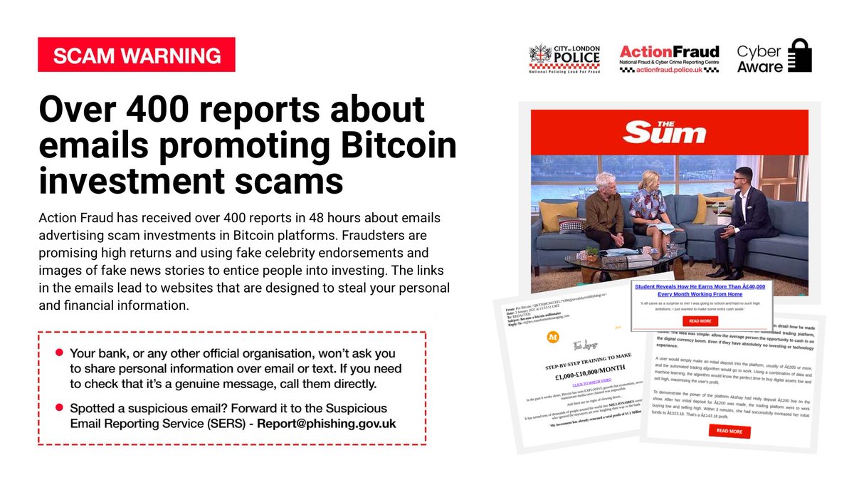 SCAM WARNING⚠️: Watch out for emails promoting Bitcoin investment scams. We  have received over 400 reports in just two days. If you receive a  suspicious email, you can report it by forwarding