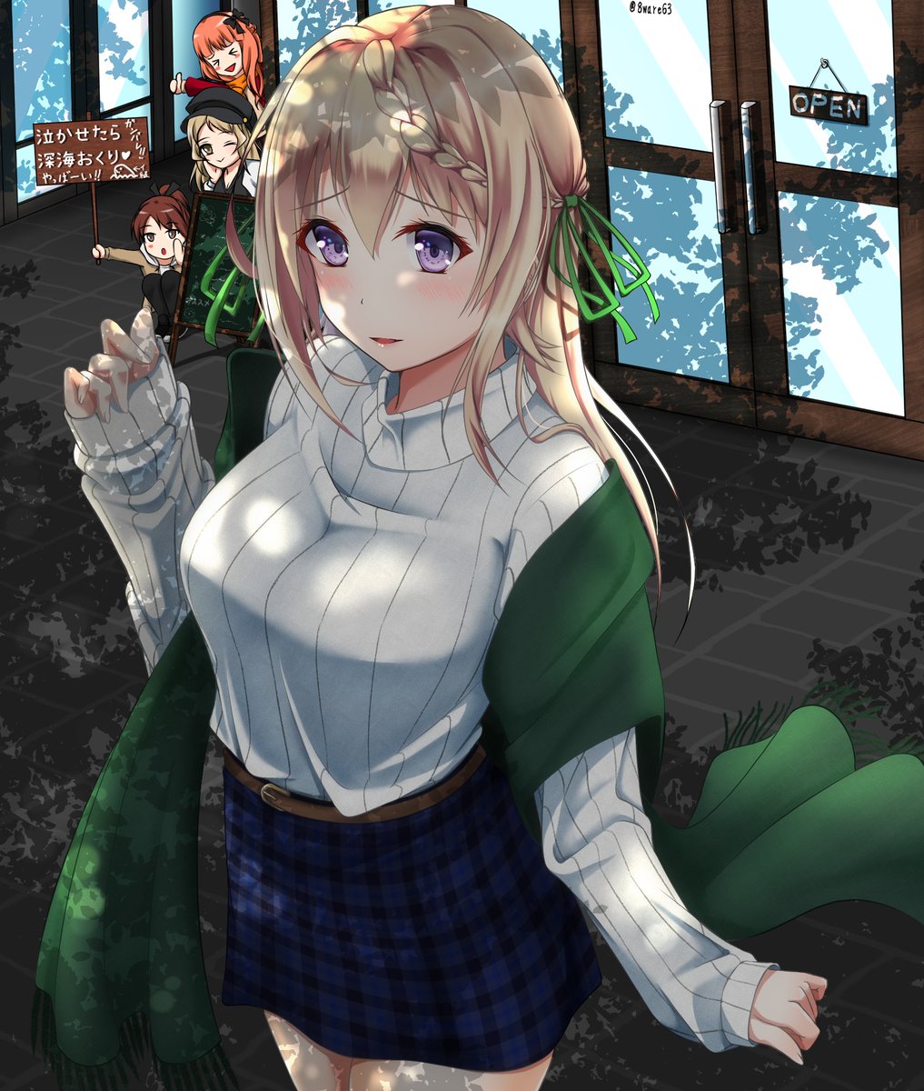 perth (kancolle) skirt braid blonde hair plaid sweater plaid skirt long hair  illustration images