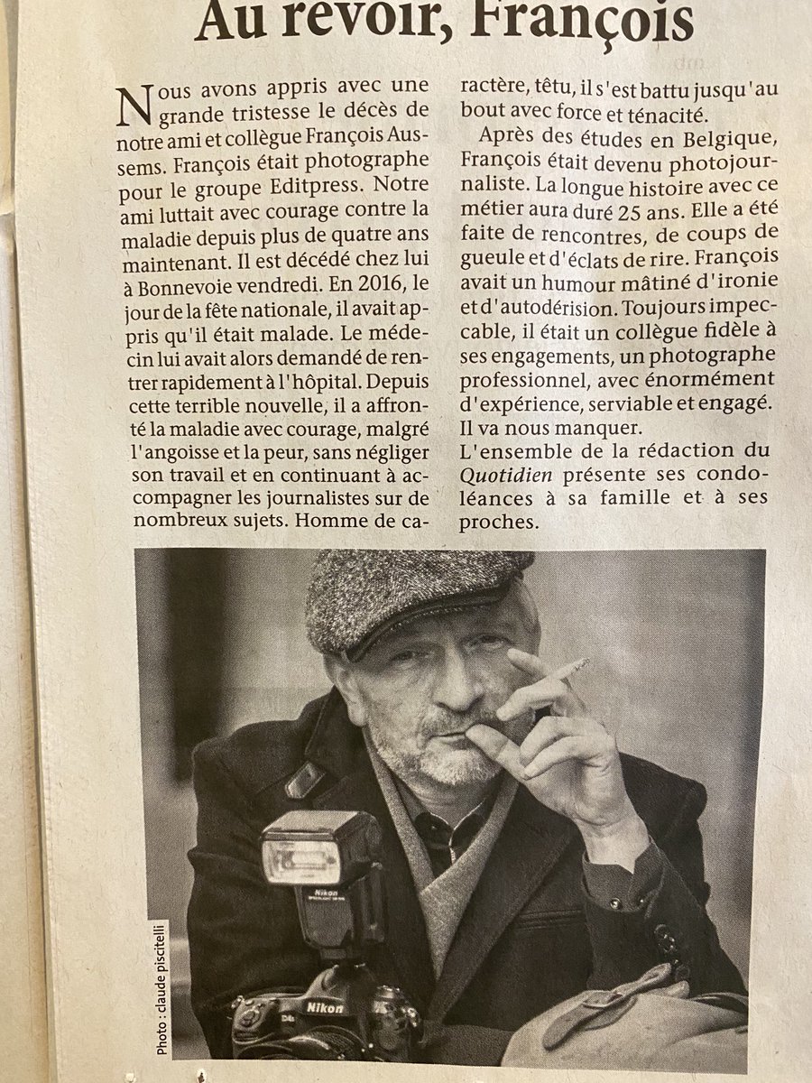 Inku_Lux's tweet photo. Dans ⁦@le_quotidien_lu⁩ d’aujourd’hui. P.3 photo : ClaudePiscitelli R.I.P #FrançoisAussems #photographie #luxembourg ⁦@tageblatt_lu⁩ https://t.co/2iBS54dNaI