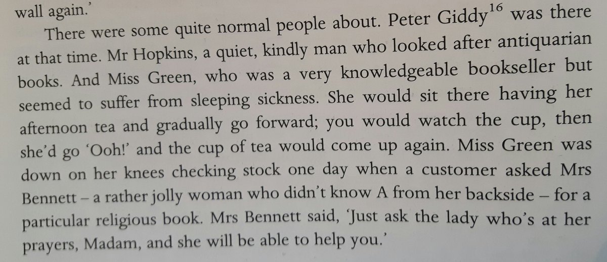 Other booksellers at Bumpus include Mr Hopkins who's in charge of antiquarian books and Miss Green who suffers from sleeping sickness.