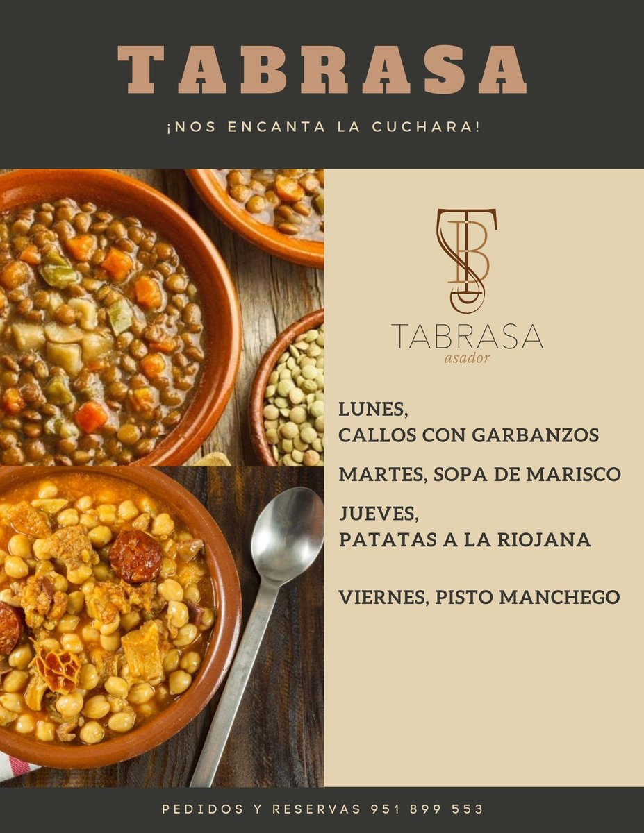 TabrasaA's tweet photo. La buena cuchará nos seguirá ayudando durante el invierno.
Reservas: 951 899 553

#pedidos #parallevar 
#promociones #cuchara #cocido  #casero #comidacasera #cuchareo
#tabrasa #tabrasaasador #restaurante #sanpedro #maridaje #terraza #almuerzo #cena #tripadvisor #eltenedor #carnes https://t.co/NpAdfVCOH9
