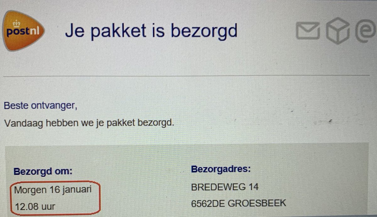 Heerlijke ontvangstbevestiging van een pakketje dat zojuist is bezorgd.