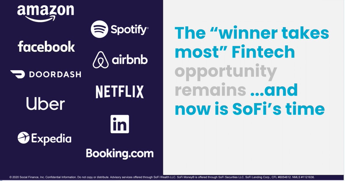  Risk 3/3- Believe the “winner takes most” opportunity remains- Claim that its Sofi’s time to take thatThus, advertise themselves w/ companies who won their WTM opportunity: $AMZN $NFLX $FBThey can be a winner in fintech, but comparing  @SoFi to  $AMZN is worrying