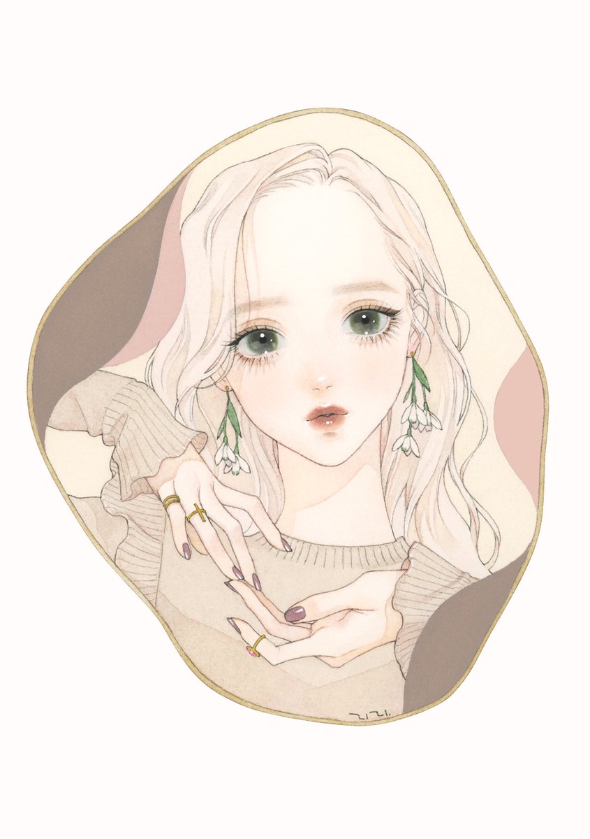1girl solo jewelry earrings long hair ring long sleeves  illustration images