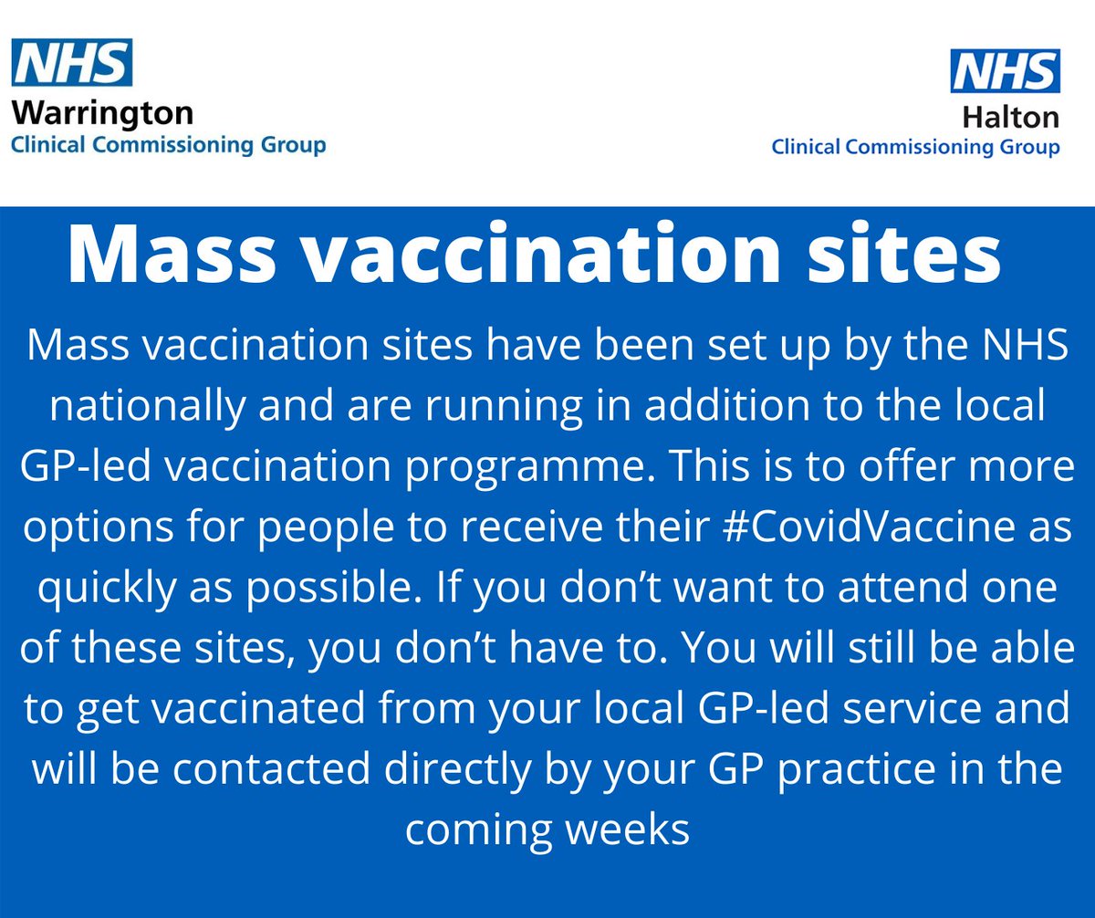 Mass vaccination sites have been set up to offer more options for people to receive their #CovidVaccine. If you don’t want to attend one of these sites, you don’t have to. You will still be able to get vaccinated from your local GP-led service. ow.ly/RLjh50D7AiN