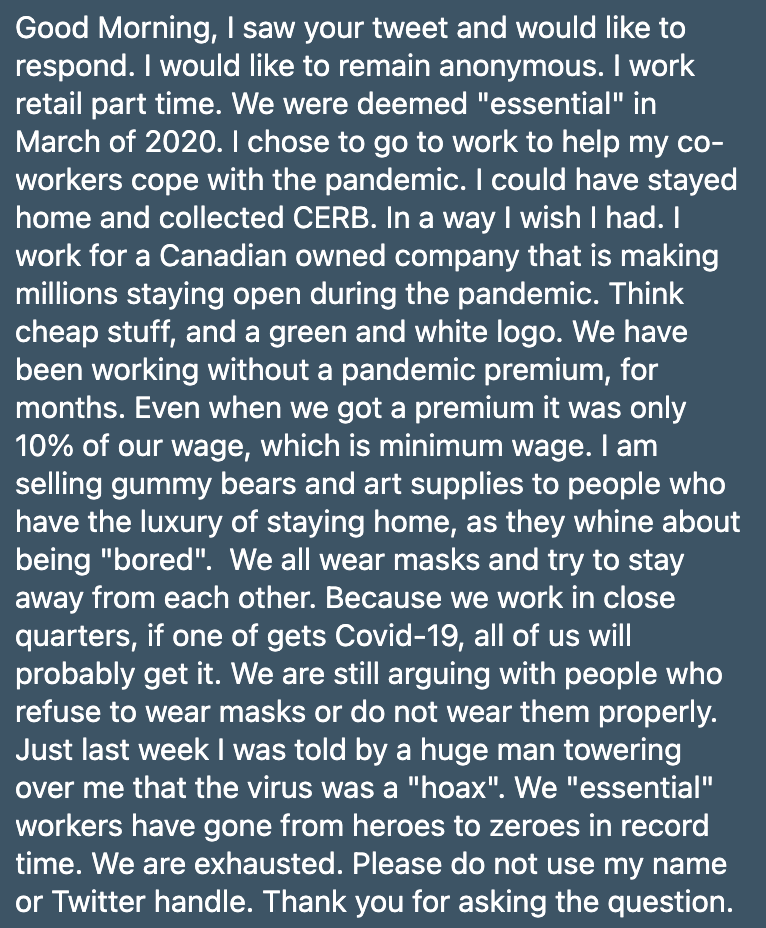 On working for minimum wage with no hazard pay to sell essential gummy bears and art supplies and get yelled at