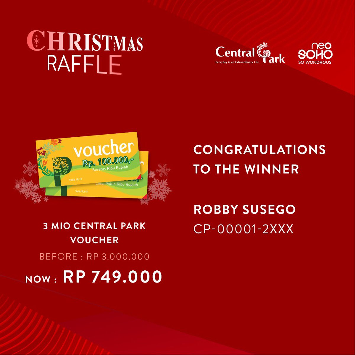 CentralParkMall's tweet photo. Raffle Of The Month Winner Announcement
Exclusive for 360 Club Members
21 Nov 2020 – 3 Jan 2021
-
Congratulations For All The Winners !
Spend Min. RP500K* at Central Park &amp; Neo Soho to Purchase Your Favorite Products !
-
Supported by Unakaffe
*T&amp;C Apply
-
#mallevents
#raffle https://t.co/uiQXkkQAIS