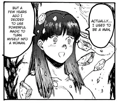 drhdr manga spoilers:

ok was anyone gonna tell me that Turkey is a trans woman who used gender magic to transition or was I supposed to read that in the dorohedoro manga myself 