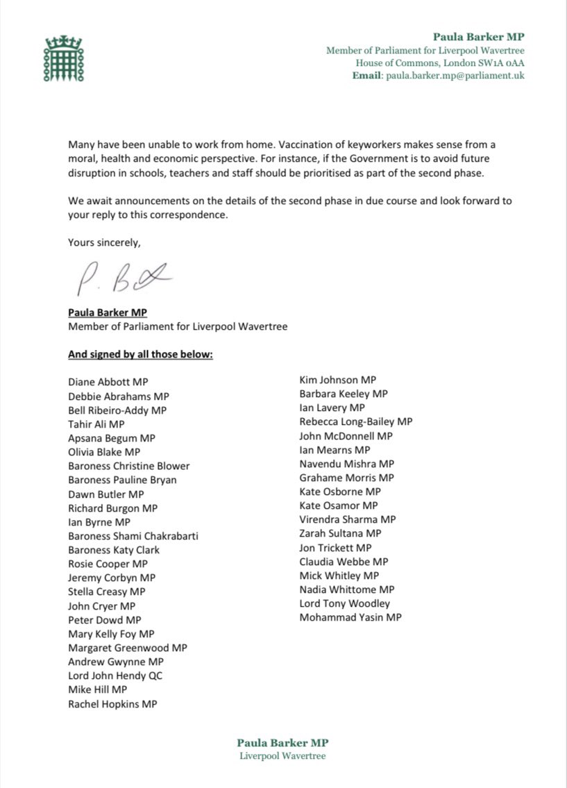 I and a number of MPs and Peers have today written to <a href="/nadhimzahawi/">Nadhim Zahawi</a> calling for occupational prioritisation for key workers during the 2nd phase of the vaccination roll-out. So many have been too exposed to the virus over these last 10 months. Let’s protect the frontline.