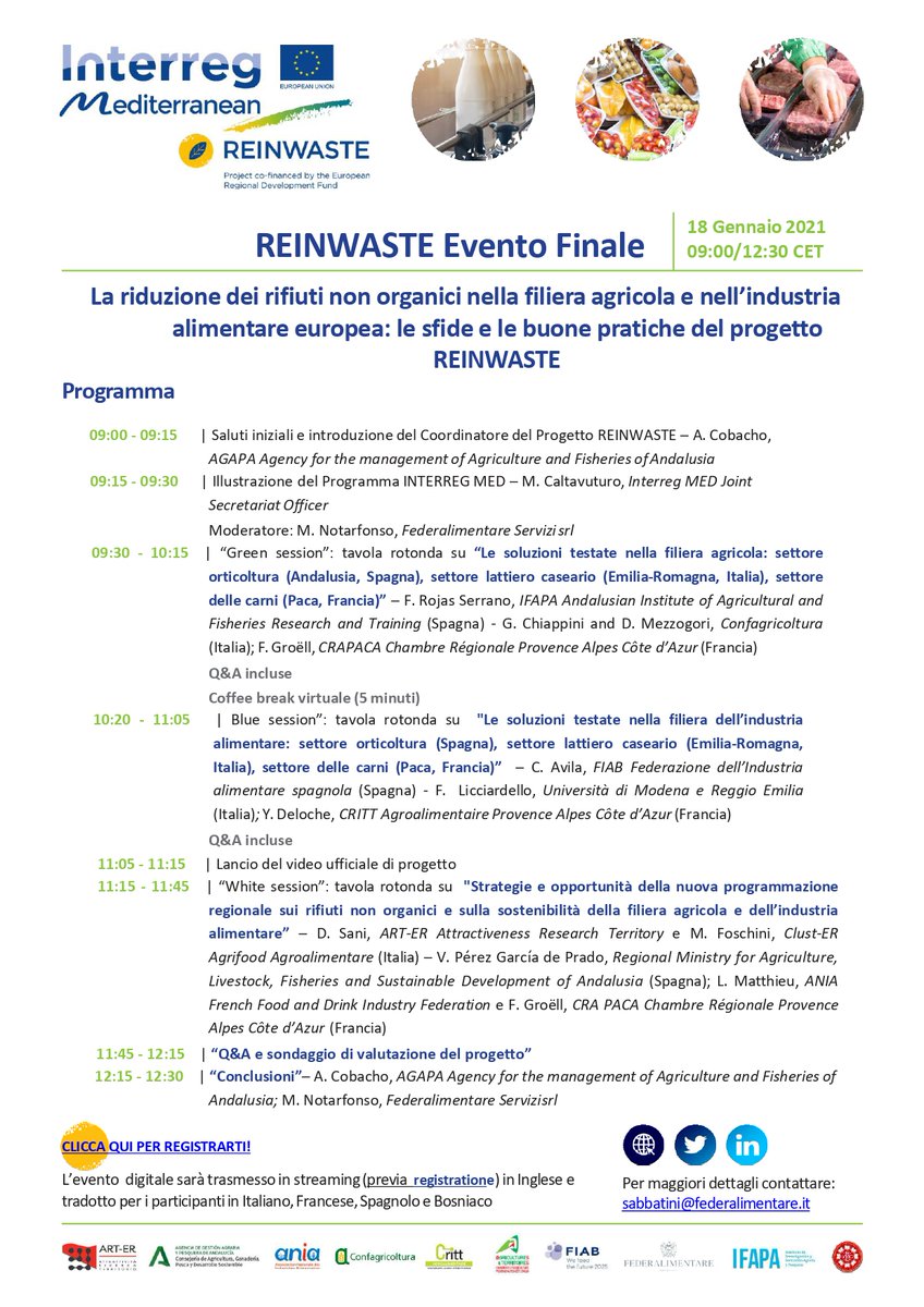 Federalimentare (@fedalimentare) on Twitter photo 📌Il 18 gennaio, dalle ore 9, si terrà l’evento conclusivo di <a href="/Reinwaste/">ReInWaste Project</a> sulla riduzione dei #rifiuti #inorganici lungo la filiera alimentare dell’Unione Europea.
📝Per partecipare è necessario registrarsi gratuitamente qui —> register.gotowebinar.com/register/88557…
Ecco il programma completo.📋 📌Il 18 gennaio, dalle ore 9, si terrà l’evento conclusivo di <a href="/Reinwaste/">ReInWaste Project</a> sulla riduzione dei #rifiuti #inorganici lungo la filiera alimentare dell’Unione Europea.
📝Per partecipare è necessario registrarsi gratuitamente qui —> register.gotowebinar.com/register/88557…
Ecco il programma completo.📋
