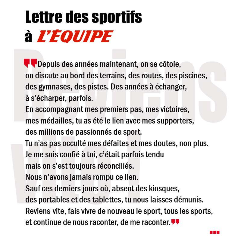 david_loriot's tweet photo. Batum, Dumerc, Ferrand-Prévot, Giroud, Gobert, Hinault, Ibañez, Lavillenie, Manaudou, Mayer, Merckx, Noah, Parker, Pérec, Pinot, Platini, Prost, Renard et plus de 180 sportifs : « Reviens vite L’Equipe ! » #reviensviteLEquipe https://t.co/jhvKydoPOt