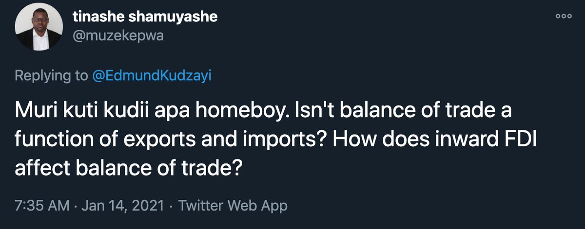 A number of people could not understand how FDI could in any way be related to imports. This thread is for their benefit i.e., @tafadzwamerere,  @PatsDaMan,  @sabepe83,  @AlekeMukunga,  @mkhwananzivusa,  @muzekepwa and @DzeShe88. 3/20