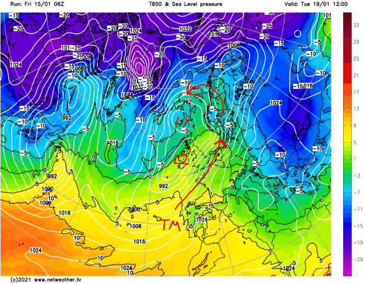 So, what's going on with the anticipated colder  #Weather in NW Europe mid-late next week?Well, to begin with, a low (L1) moves into a position that can move cold air across  #UK... BUT another (L2) then races into it from the SW & brings a lot of mild tropical maritime (TM) air.