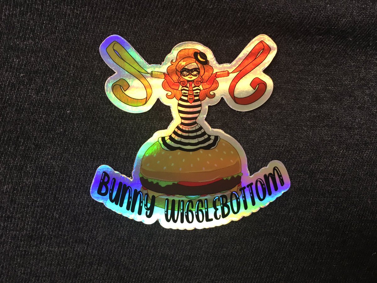 MsBunnyWiggles's tweet photo. Who knows if/when Iโll be able to perform my โCriminalโ act again...but at least I have these cute holographic Chibi stickers. #chibi #burlesque #hamburglar #nerdlesque #foodlesque #atlantaburlesque #burlesqueatlanta #burlesquemerch #bunny #wigglebottom https://t.co/vj9cFzYAGO