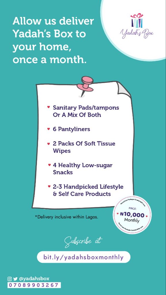 yadahsbox's tweet photo. Periods are tiring as it is, why not have something to look forward to at that time of the month?
Our monthly subscription boxes provide all your period essentials, healthy snacks, handpicked self care products &amp; free delivery within Lagos all at an affordable price. 💕 https://t.co/cI3DX9DW3I