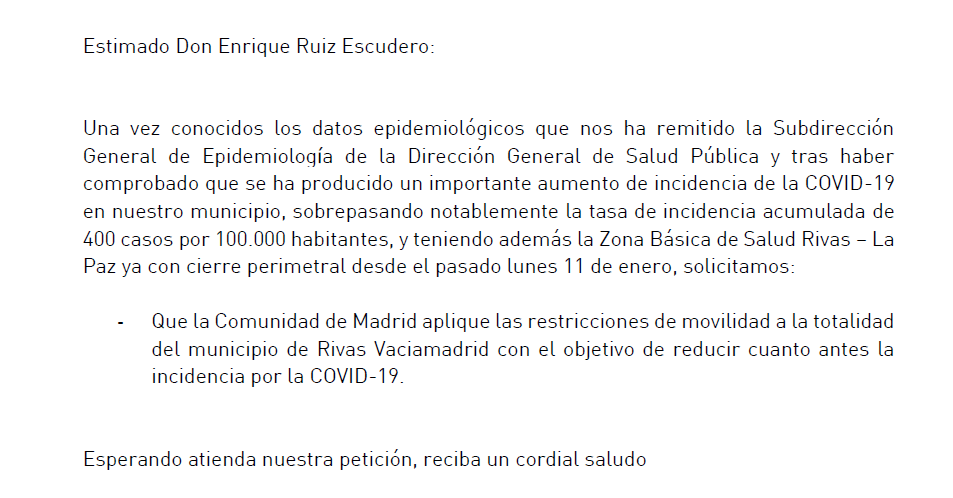 Pedro_delcura's tweet photo. ‼️ Ante el aumento de la tasa de incidencia acumulada en Rivas, acabo de solicitar al consejero de Sanidad de la @ComunidadMadrid, @eruizescudero, el confinamiento de todo el municipio. No tiene sentido mantener solo una zona cerrada cuando los datos son altos en todas las ZBS. https://t.co/evLVyv9J30