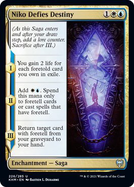 A foretell support saga giving you life, mana (in azorius?) and a bit of  recursion. More previews at https://t.co/9ly5HdR4E8 #MTGKHM Source:  https://t.co/CUugblZIVw : @deharme