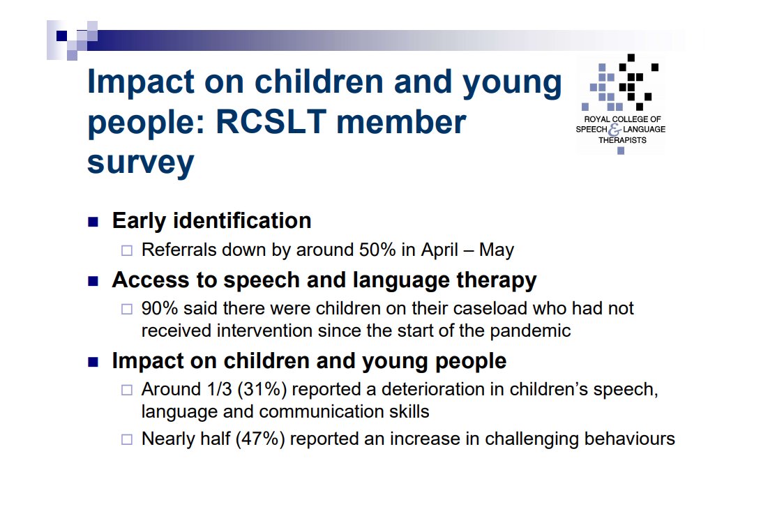 NAPLIC's tweet photo. Sobering reading about impact of first lockdown on children with #SLCN and SaLT services provided. From @RCSLTpolicy https://t.co/lxoyXdeaKR