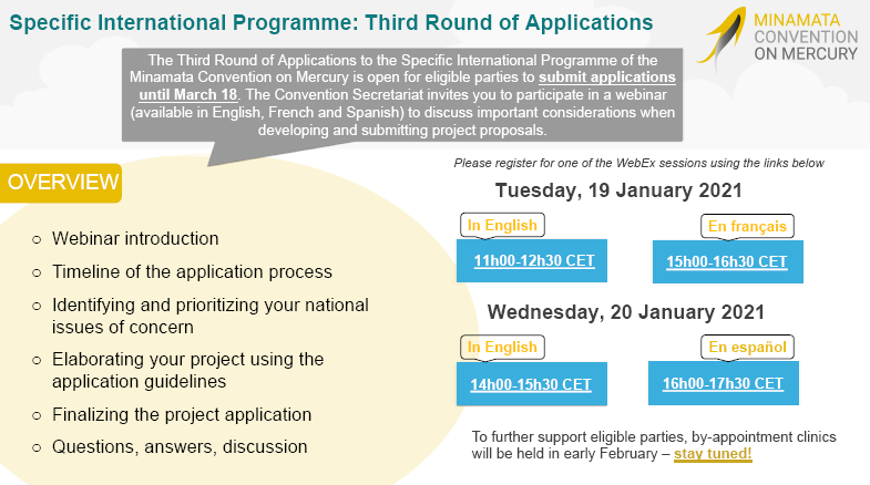 minamataMEA's tweet photo. The Specific International Programme hosts in January a webinar on the 3rd Round of applications: https://t.co/DbxDB9wO8a

Tuesday 19
English👉https://t.co/UWQc6jVGag
Français👉https://t.co/S41EELftUn

Wednesday 20
English👉https://t.co/M1i1jke9c4
Español👉https://t.co/WLOQxPmfJ6 https://t.co/FVONOxqhMJ