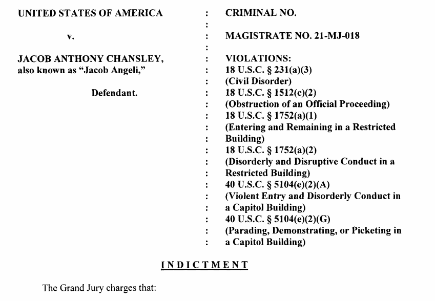 One thing to consider: If DOJ thought Chansley or others were trying to kidnap or kill people, or overthrow the government by force, there are specific and very serious charges it could bring. So far, it hasn't indicted Chansley or anyone else for those things.